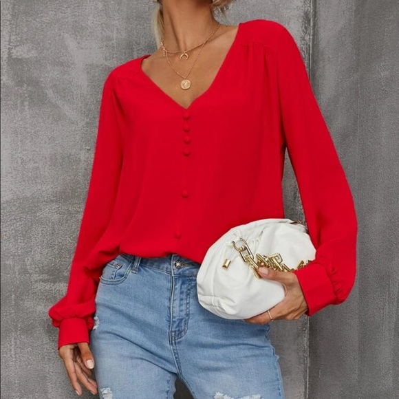 Boho dusty pink V neck button detail blouse - Picture 5 of 15